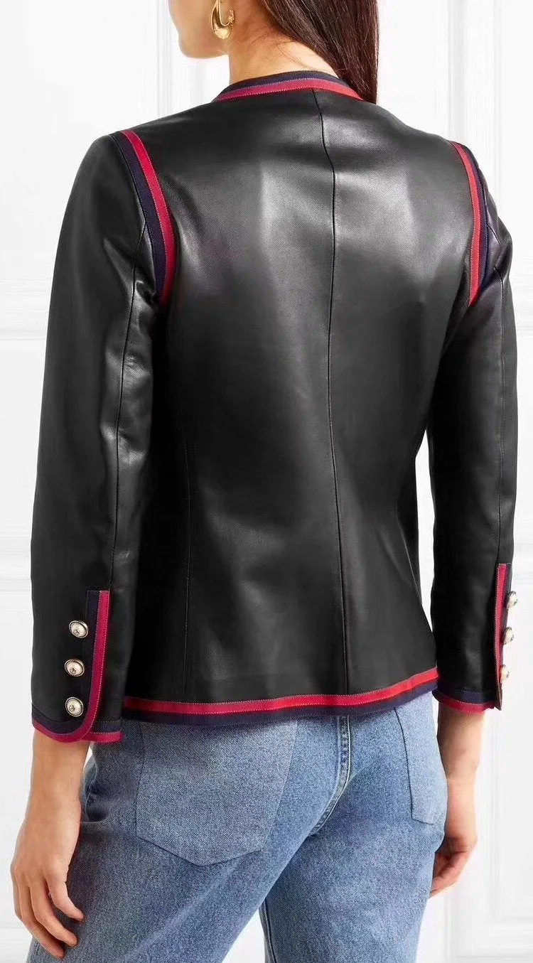 Black Napa Leather Jacket with Web Trim