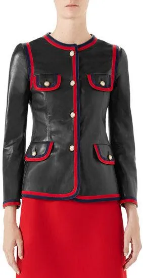Black Napa Leather Jacket with Web Trim