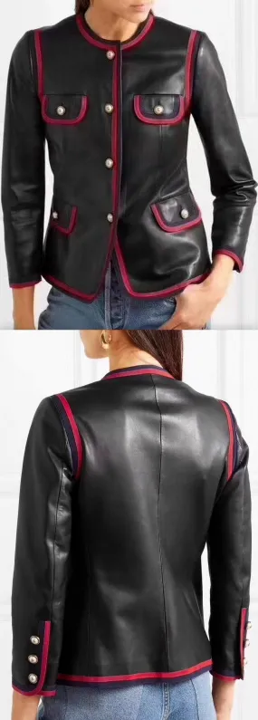 Black Napa Leather Jacket with Web Trim