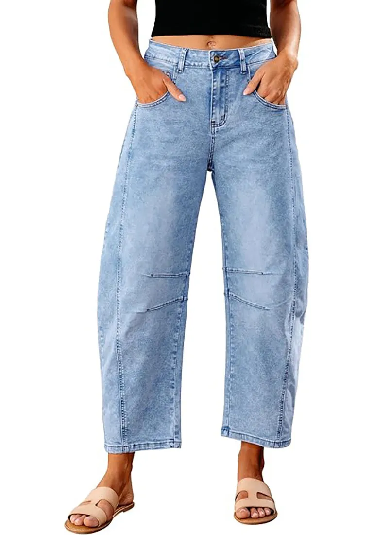 GRAPENT Women's High Waisted Pull-On Stretch Cropped Denim Straight Leg Jeans