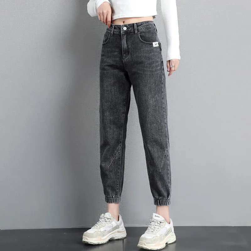 High waisted jeans women spring 2021 new loose tight fitting waist leggings feet thin nine points harem pants ins net red trend
