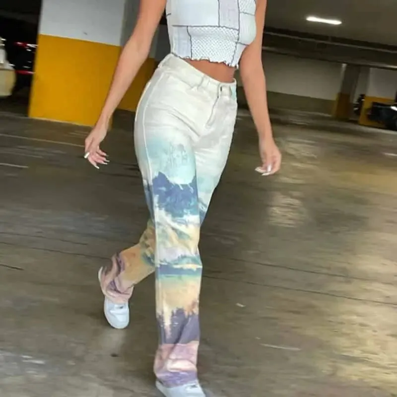 Kawaii Landscape Cyber High Waist Jeans