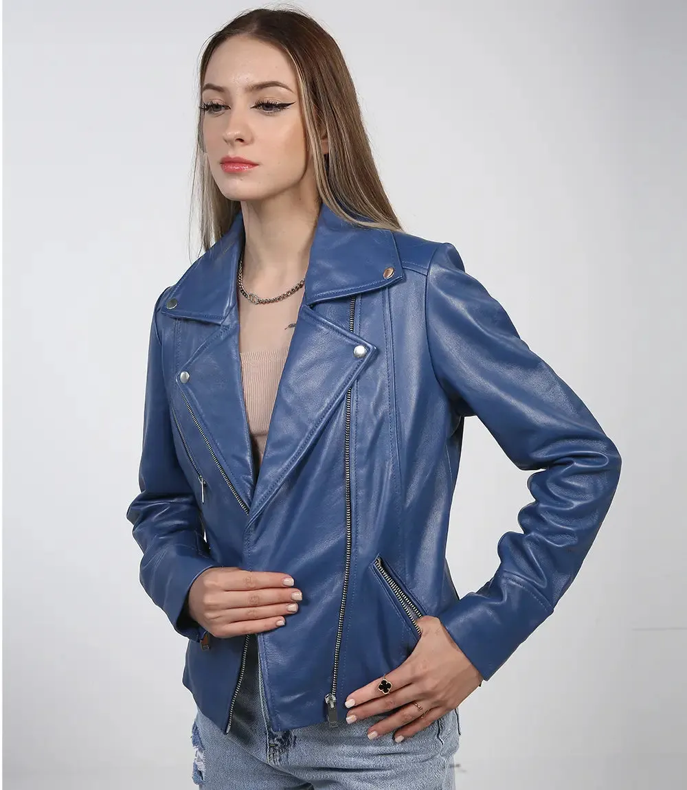 Ninfa Women's Blue Asymmetrical Biker Leather Jacket