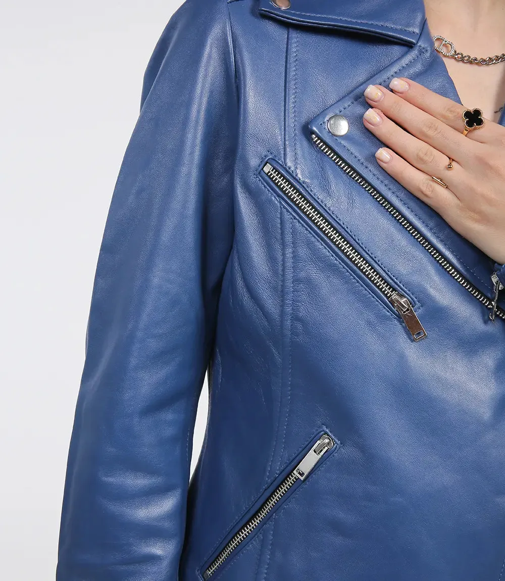 Ninfa Women's Blue Asymmetrical Biker Leather Jacket