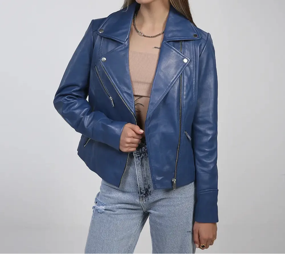 Ninfa Women's Blue Asymmetrical Biker Leather Jacket