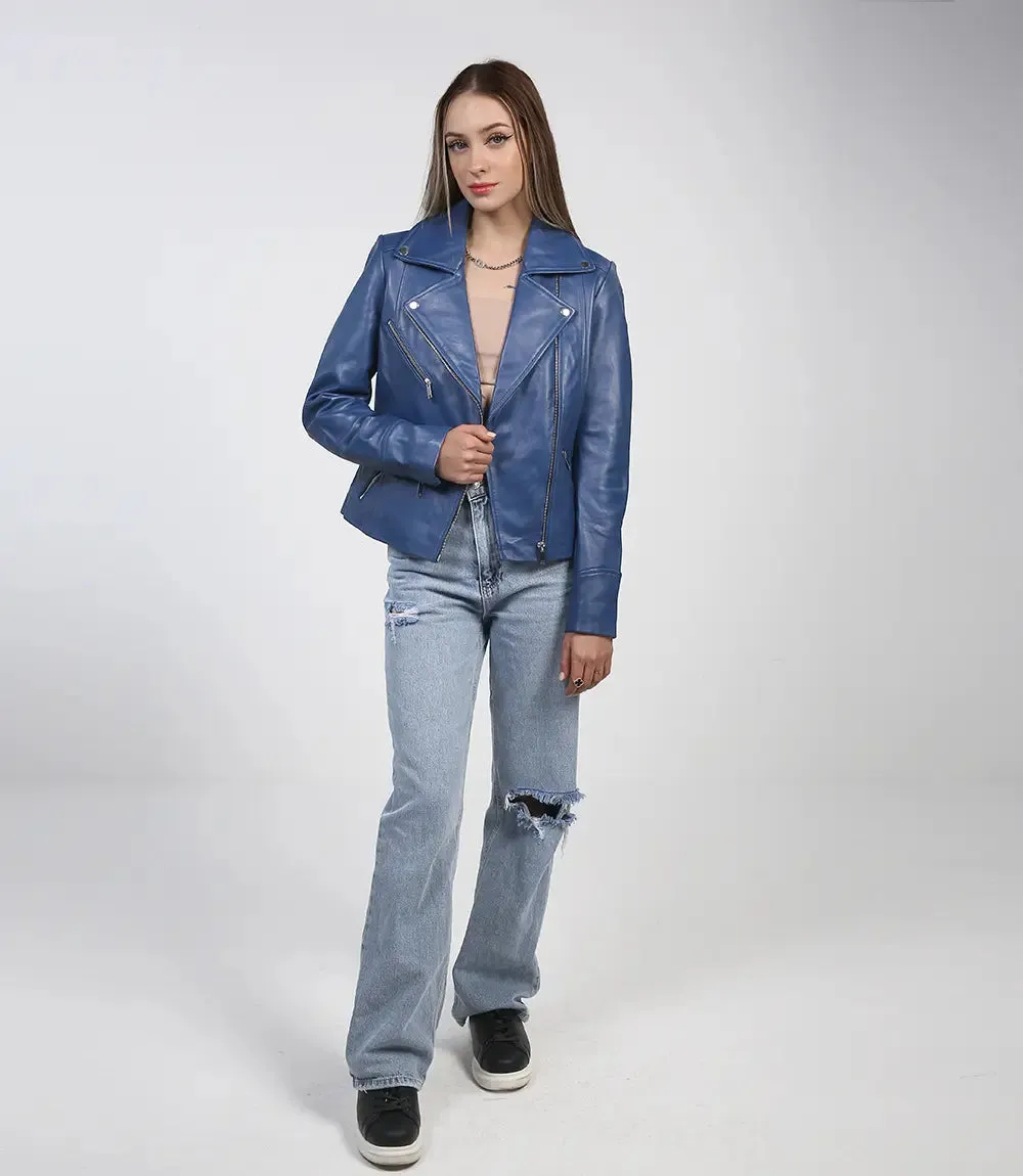 Ninfa Women's Blue Asymmetrical Biker Leather Jacket