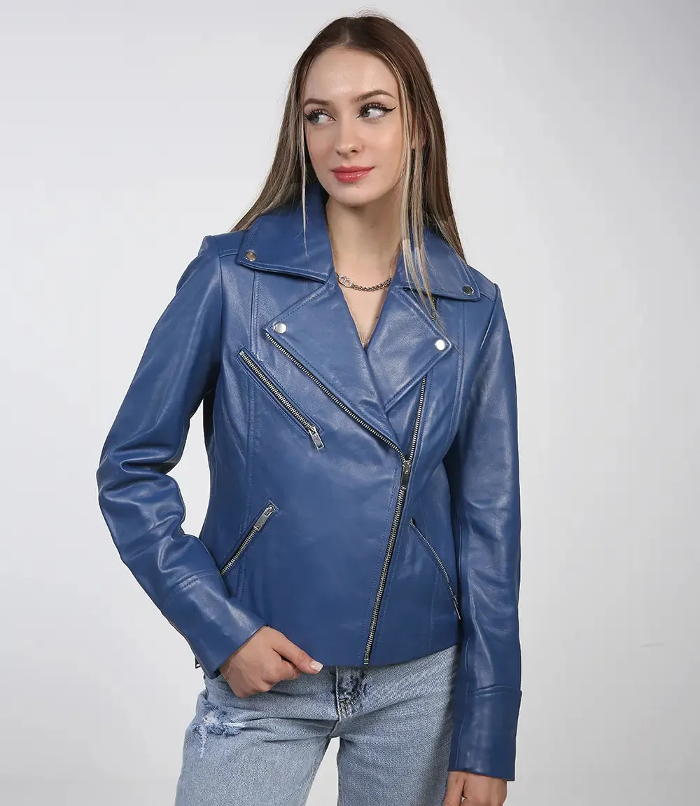 Ninfa Women's Blue Asymmetrical Biker Leather Jacket