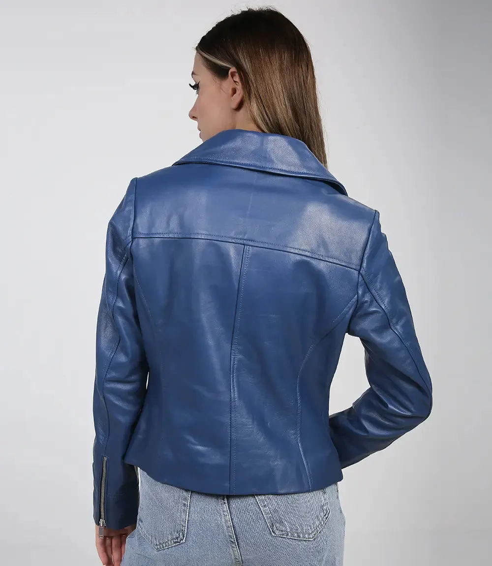 Ninfa Women's Blue Asymmetrical Biker Leather Jacket
