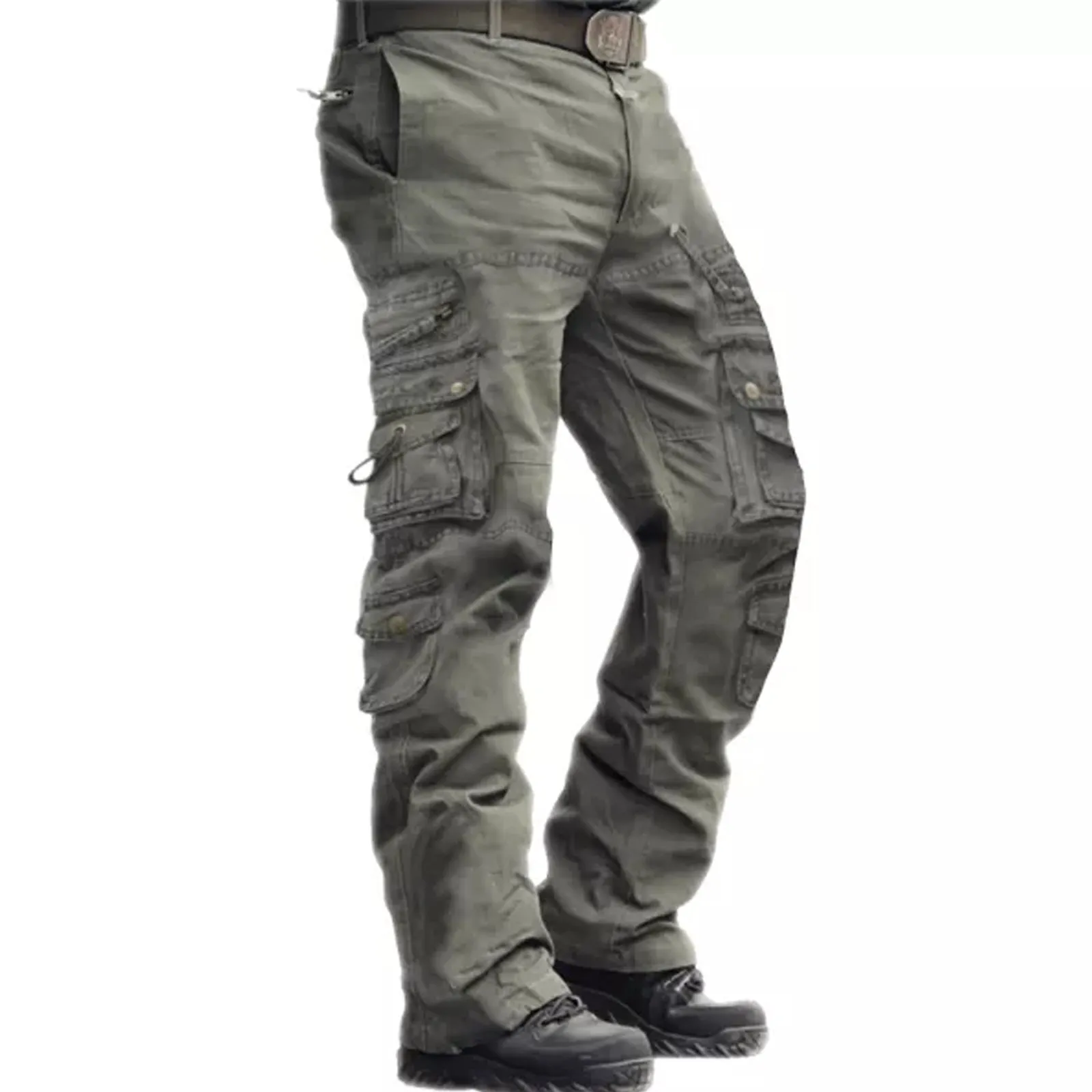 SOLID COLOR 100% COTTON MULTI-POCKETS CARGO PANTS (NO BELT)