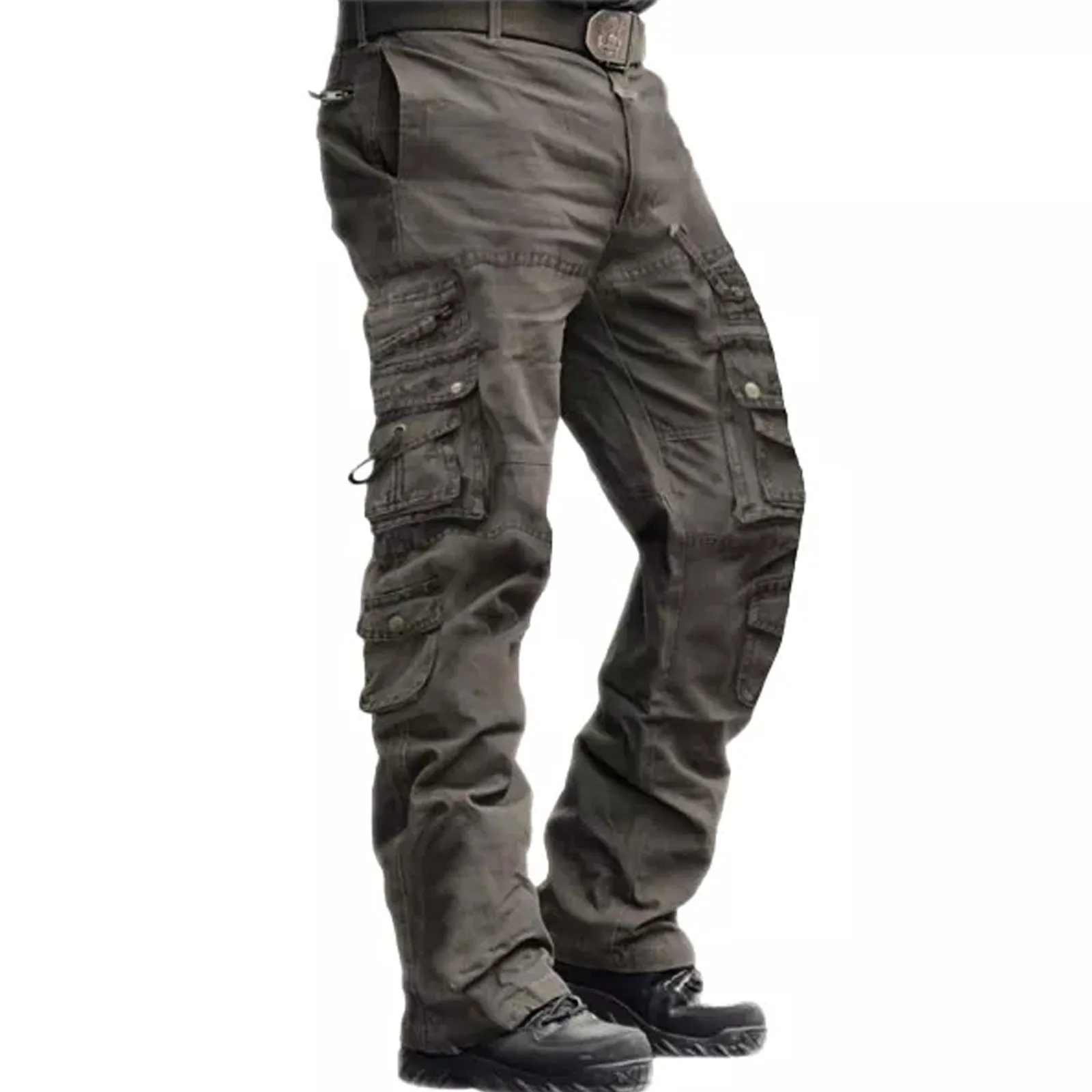 SOLID COLOR 100% COTTON MULTI-POCKETS CARGO PANTS (NO BELT)