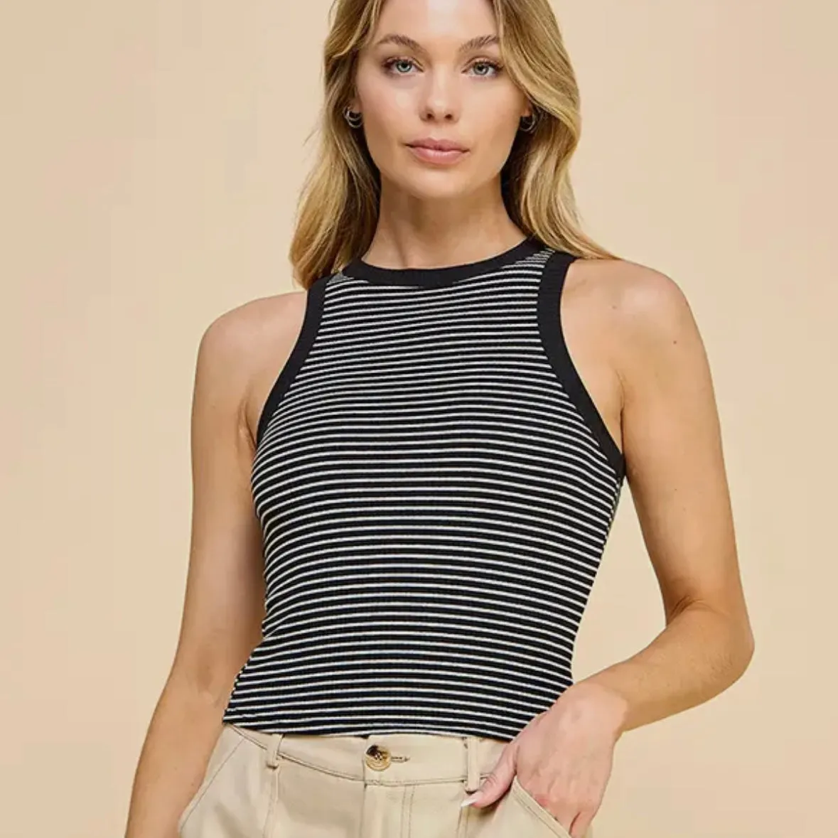 Stripe Ribbed Crop Tank - Black/White